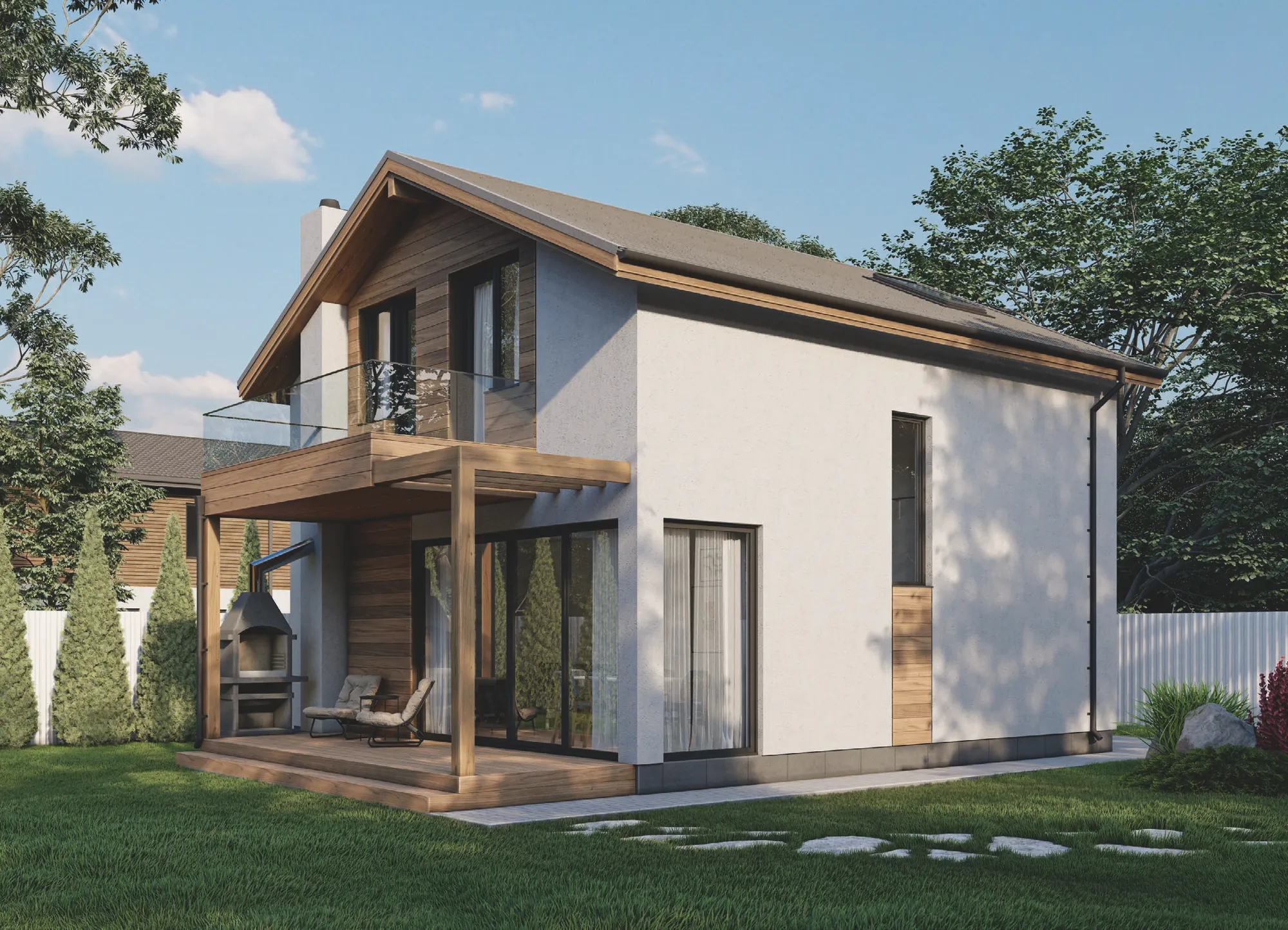Zweigeschossiges Einfamilienhaus mit Satteldach, Putzfassade und Holzterrasse