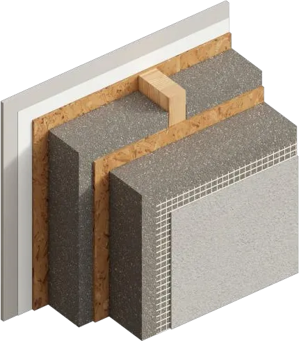 3D-Schnitt einer Holzrahmenwand mit Zellulosedämmung und Putzfassade