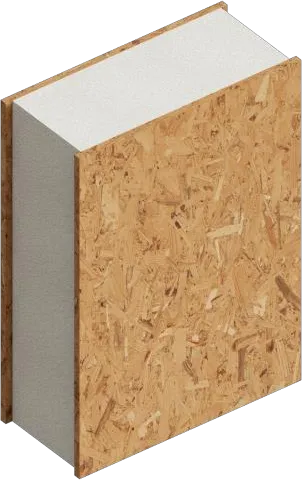 3D-Schnitt eines Structural Insulated Panels aus OSB-Platten mit Dämmkern