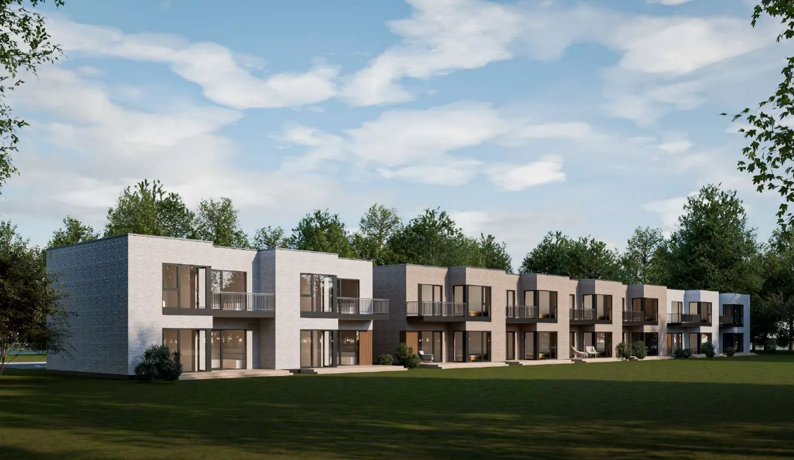 Zweigeschossige Reihenwohngebäude in Modulbauweise mit Balkonen